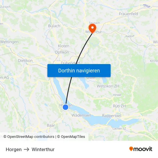 Horgen to Winterthur map