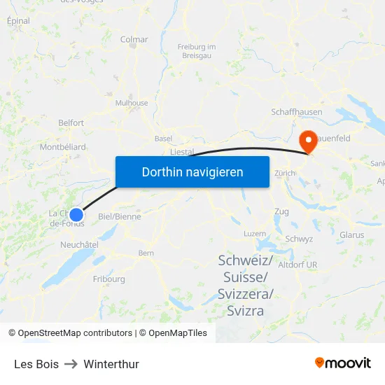 Les Bois to Winterthur map