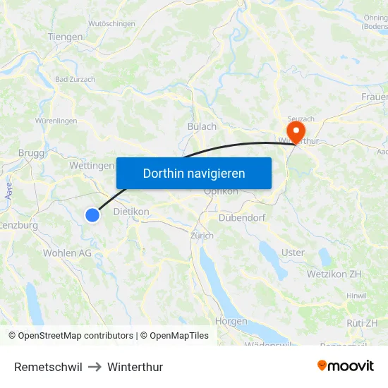 Remetschwil to Winterthur map