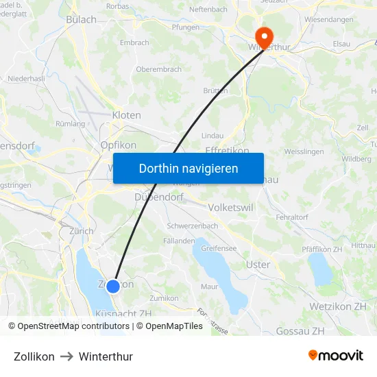 Zollikon to Winterthur map