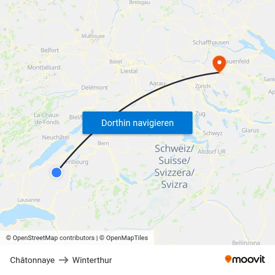 Châtonnaye to Winterthur map