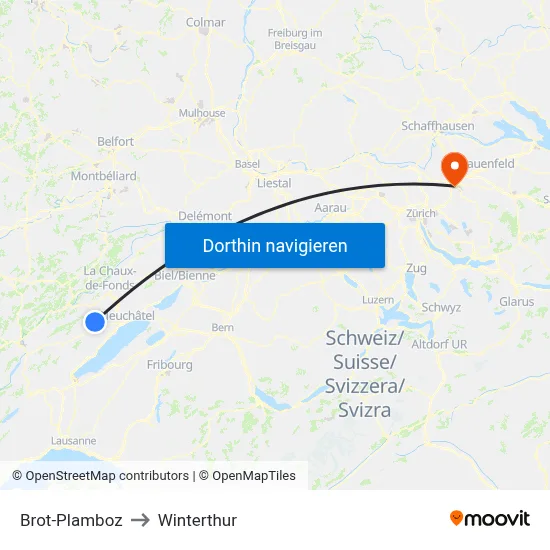 Brot-Plamboz to Winterthur map