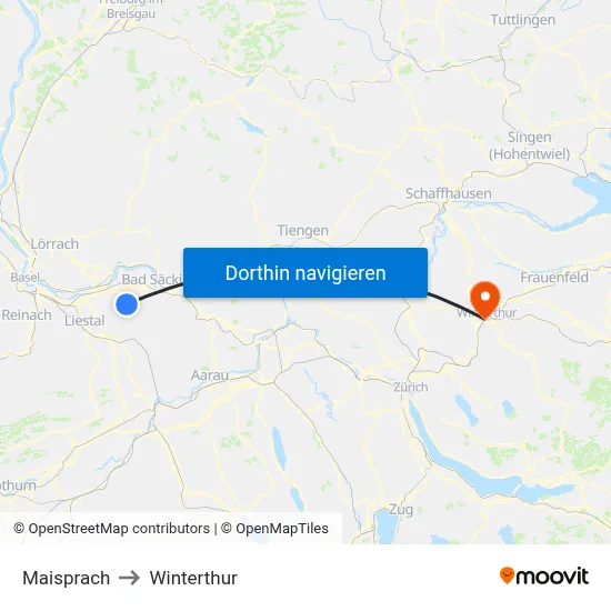 Maisprach to Winterthur map