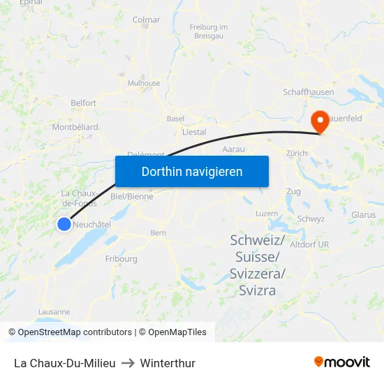 La Chaux-Du-Milieu to Winterthur map