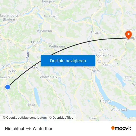 Hirschthal to Winterthur map