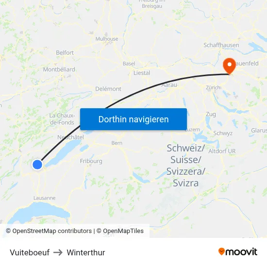 Vuiteboeuf to Winterthur map