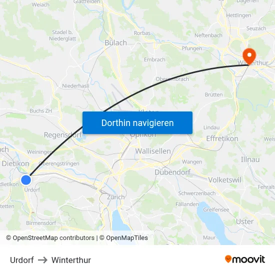 Urdorf to Winterthur map