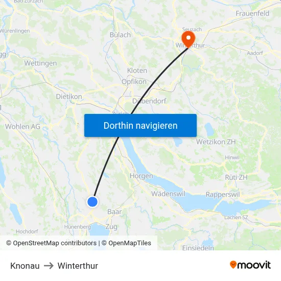 Knonau to Winterthur map