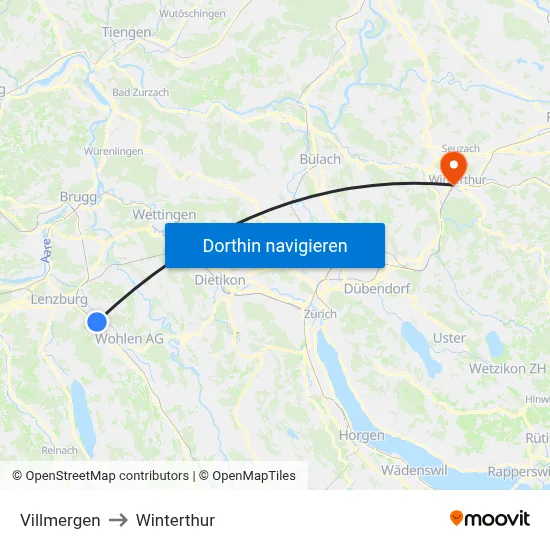 Villmergen to Winterthur map