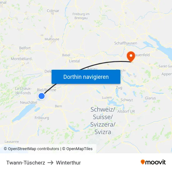 Twann-Tüscherz to Winterthur map