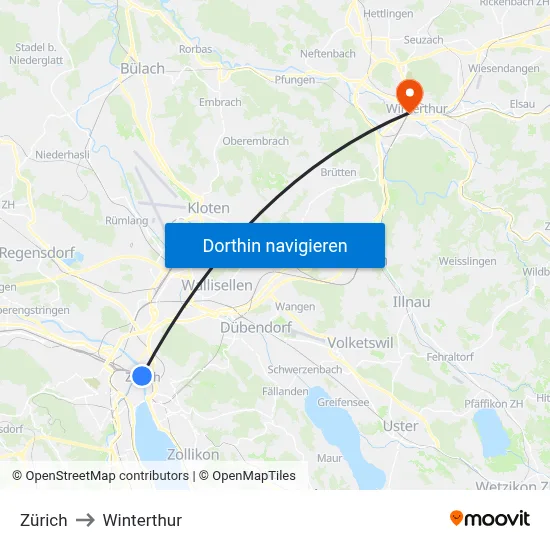Zürich to Winterthur map