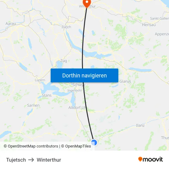 Tujetsch to Winterthur map