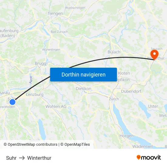 Suhr to Winterthur map