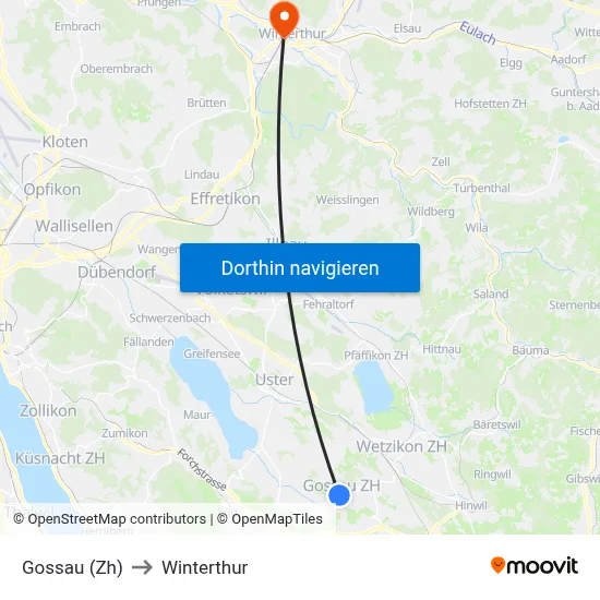 Gossau (Zh) to Winterthur map