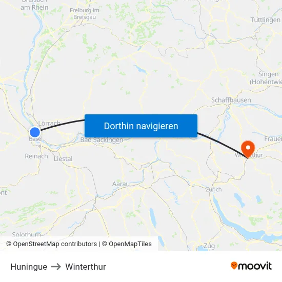 Huningue to Winterthur map