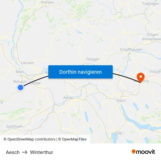 Aesch to Winterthur map
