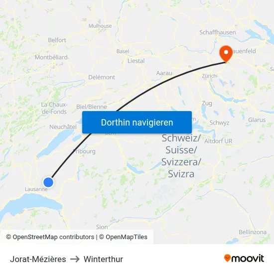Jorat-Mézières to Winterthur map
