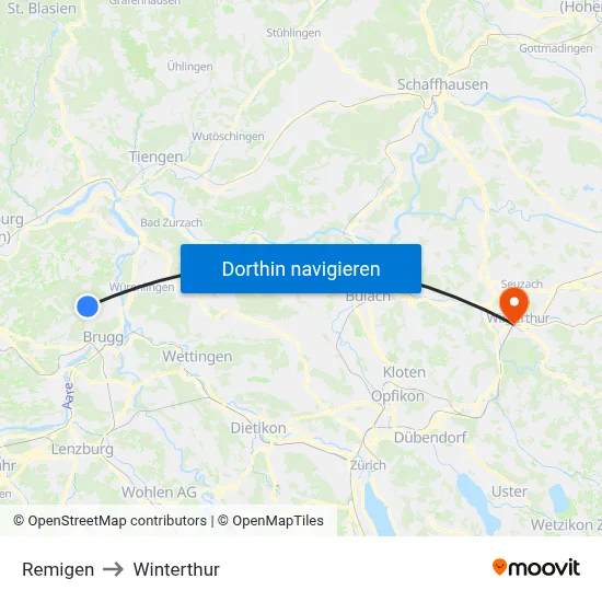 Remigen to Winterthur map