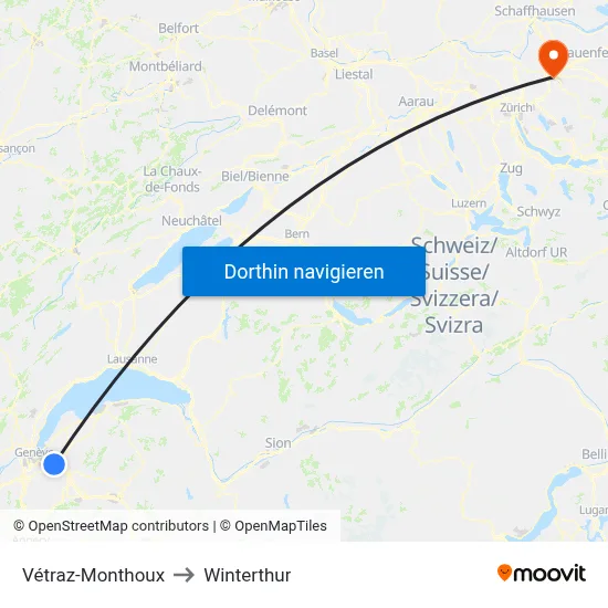 Vétraz-Monthoux to Winterthur map