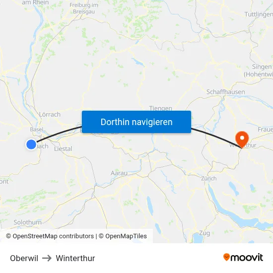 Oberwil to Winterthur map