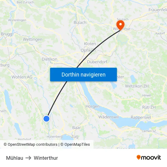 Mühlau to Winterthur map