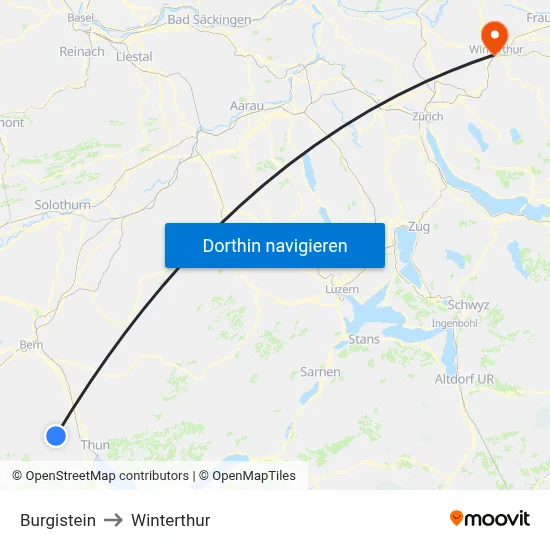Burgistein to Winterthur map