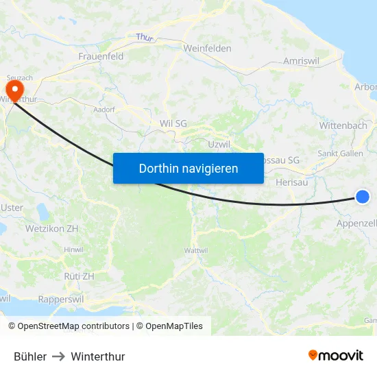 Bühler to Winterthur map