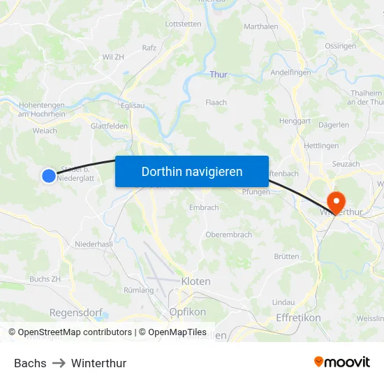Bachs to Winterthur map
