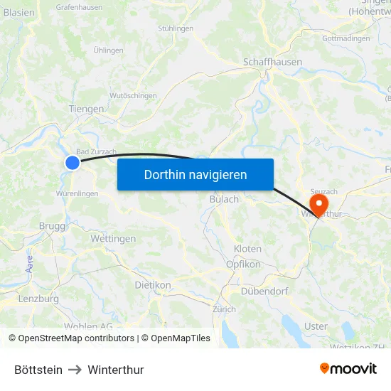 Böttstein to Winterthur map