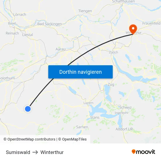 Sumiswald to Winterthur map