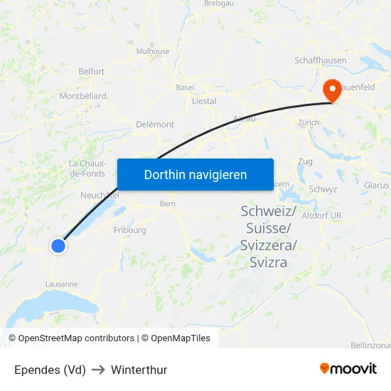 Ependes (Vd) to Winterthur map