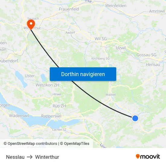 Nesslau to Winterthur map