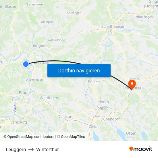 Leuggern to Winterthur map
