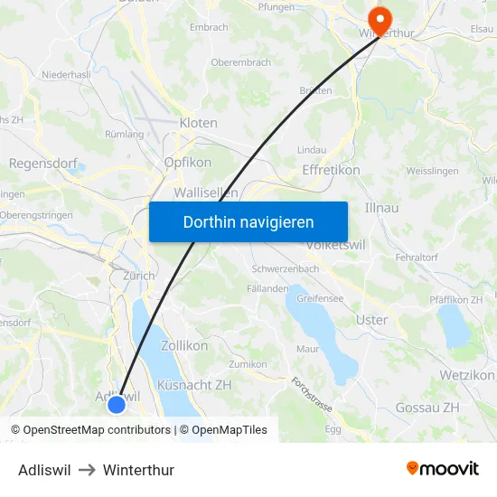 Adliswil to Winterthur map