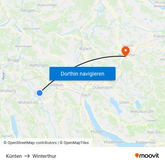 Künten to Winterthur map