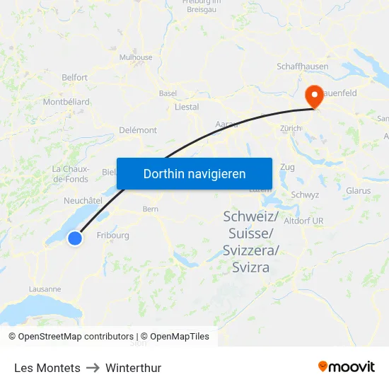 Les Montets to Winterthur map