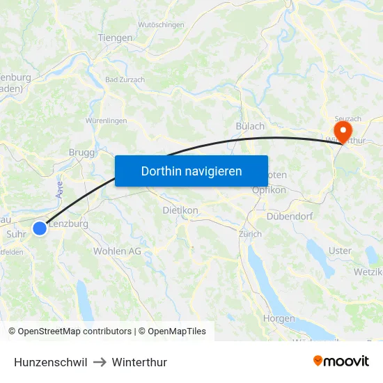 Hunzenschwil to Winterthur map