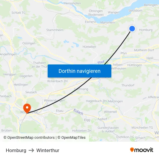 Homburg to Winterthur map