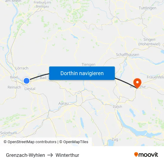 Grenzach-Wyhlen to Winterthur map