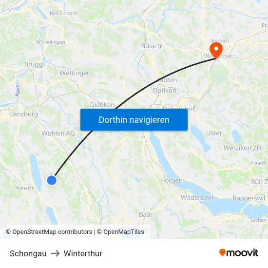 Schongau to Winterthur map