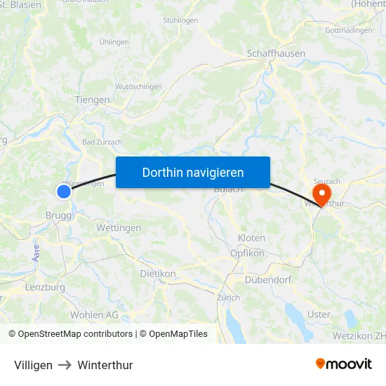 Villigen to Winterthur map
