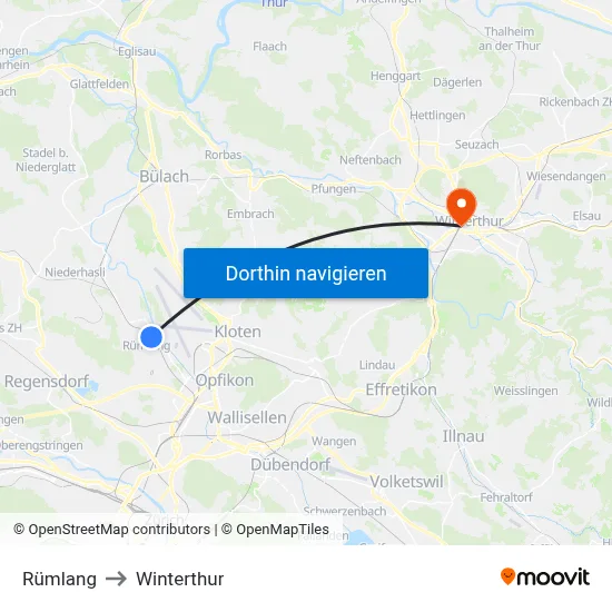 Rümlang to Winterthur map