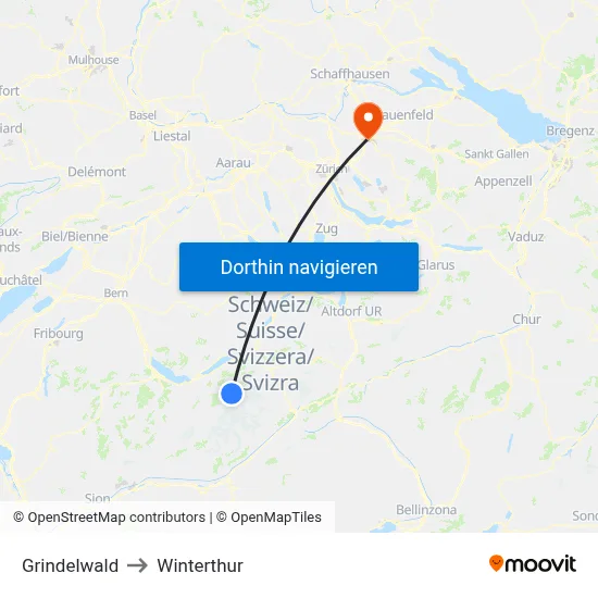 Grindelwald to Winterthur map