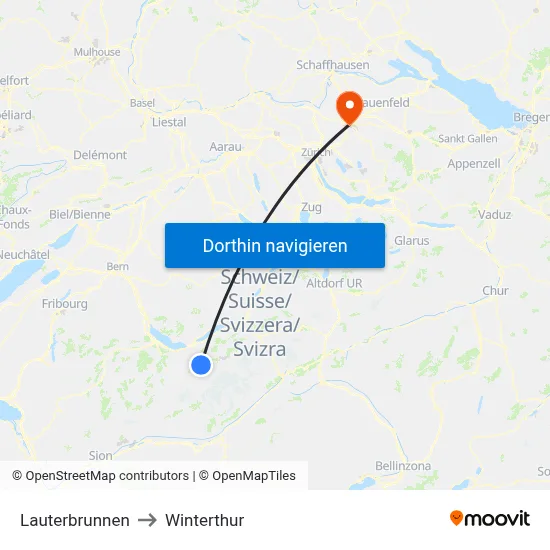 Lauterbrunnen to Winterthur map