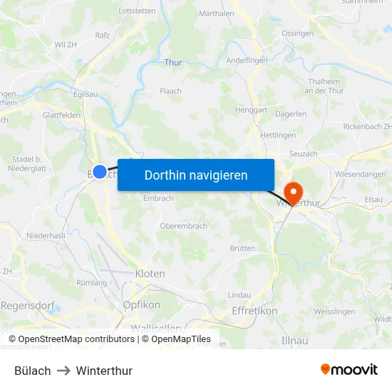 Bülach to Winterthur map