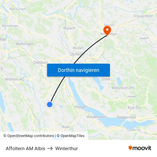 Affoltern AM Albis to Winterthur map