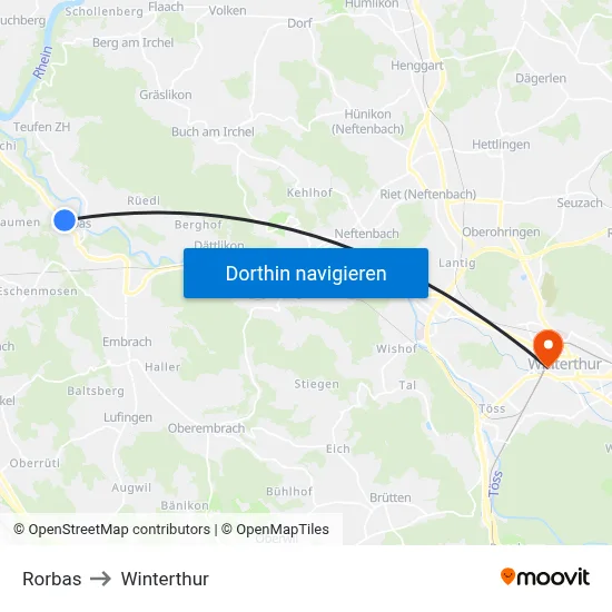 Rorbas to Winterthur map