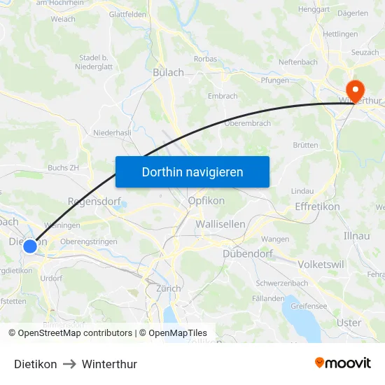 Dietikon to Winterthur map