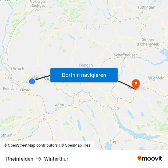 Rheinfelden to Winterthur map