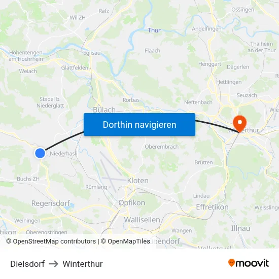 Dielsdorf to Winterthur map